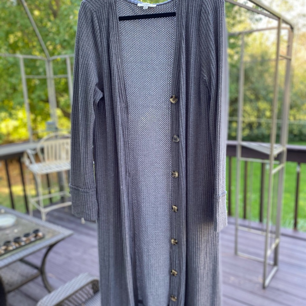 Duster length waffle knit cardigan